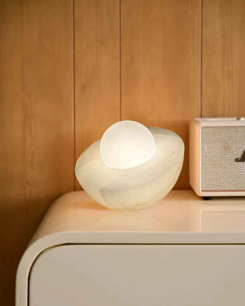 LightsStory Series Ethereal Table Lamp | Round Bowl Handcrafted Natural Solid Stone and Frosted Glass, Natural Stone Veining with Frosted Glass for Bedrooms, Nightstands, and Cozy Corners Modern Table lamp