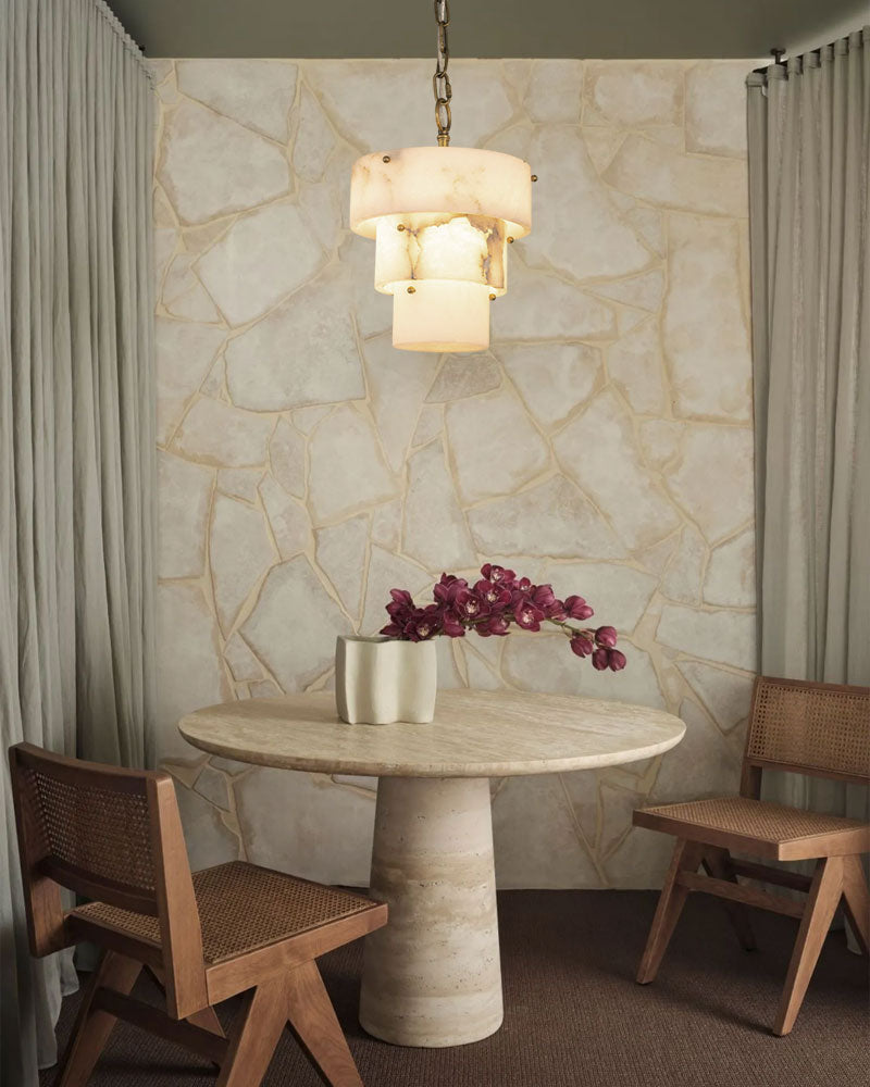 3 Tier White Round Alabaster Chain Pendant Light Fitting in Brass 10in