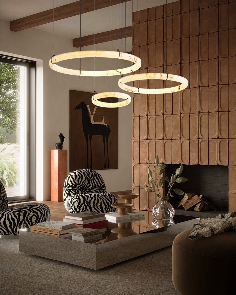 Alabaster Circular Halo Ring Cradled Arch Pendant Light - Natural Spanish Alabaster Rings, Serene Black Trim - Kitchens, Dining & Living Rooms