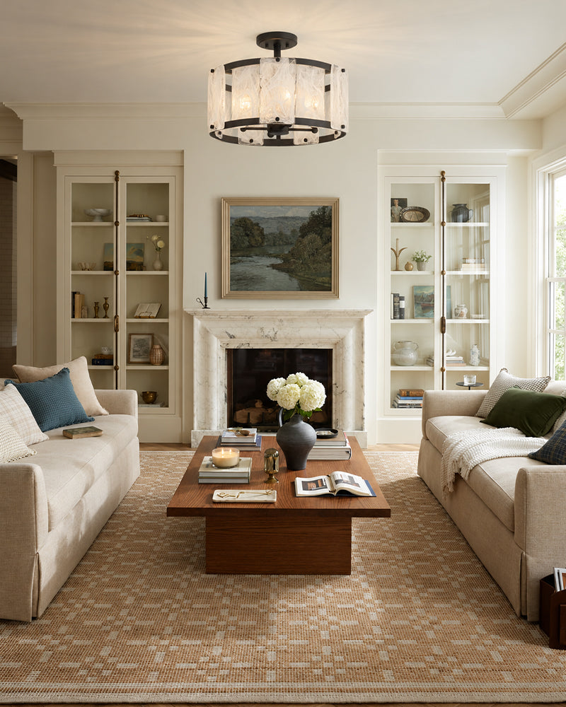 Solstice Ghiaccio Glass Drum Ceiling Light - Semi Flush Mount, Lux Gold Trim - Hallways, Foyers, Dining Rooms & Living Rooms