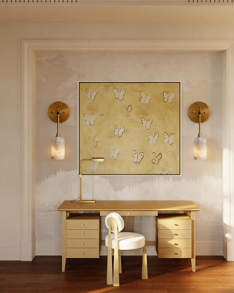 Graceful Alabaster & Brass Wall Sconce | Natural Marble Ambient Light | Mid-Century Modern Luxury Wall Lamp Flush Mounted Wall Sconce Lamp