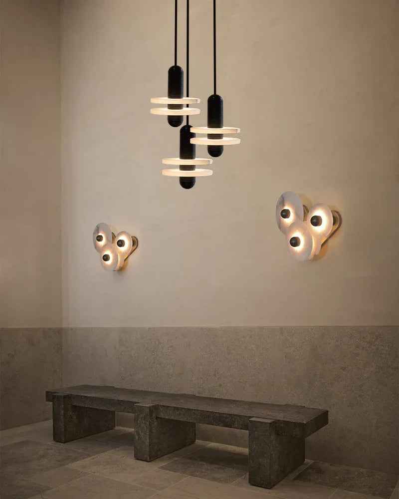 LightsStory Series Geometric Wall Lamp | Round Alabaster Natural veined alabaster planes and polished fluted brass, Polished fluted brass finish for Sophisticated living spaces and bedside accents Modern Art Design Wall Lamp