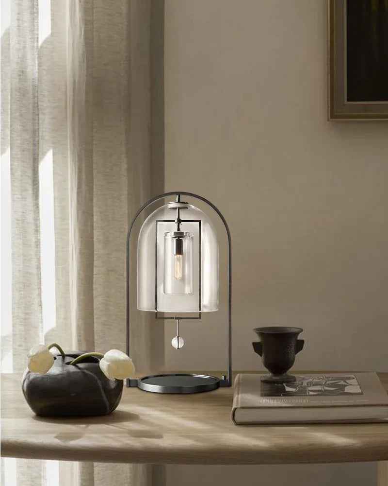 Brass Iron Frame Blown Glass Dome Shade Fulcrum Round Table Lamp 18" Vintage Simple Table Lamp