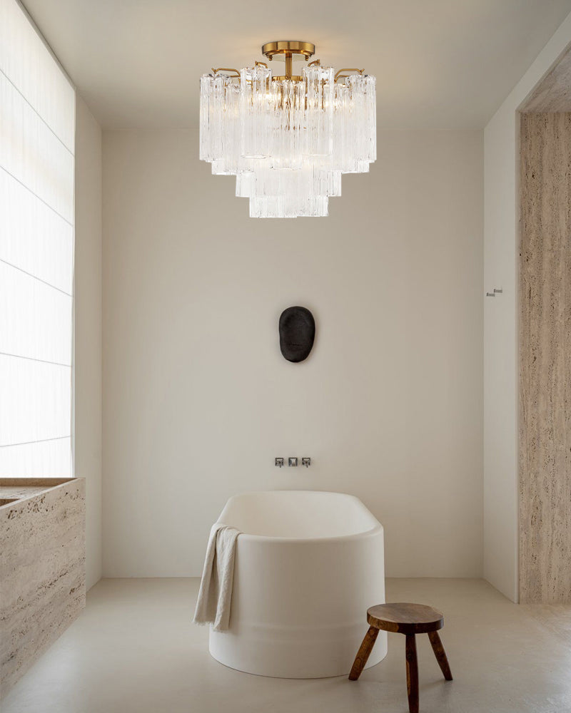 Murano Multi-tiered Glass Tubes Flush Mount Wide 18in Ceiling Lamps|Brass/Black Disc Base Modern Ceiling lamp