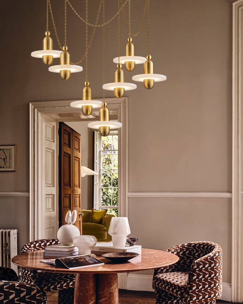 Alabaster Dual Tier Stacked Halo Disc Gold Cluster Pendant Light - Natural Spanish Alabaster, Lux Gold Trim - Living Rooms, Kitchen Islands & Dining Rooms