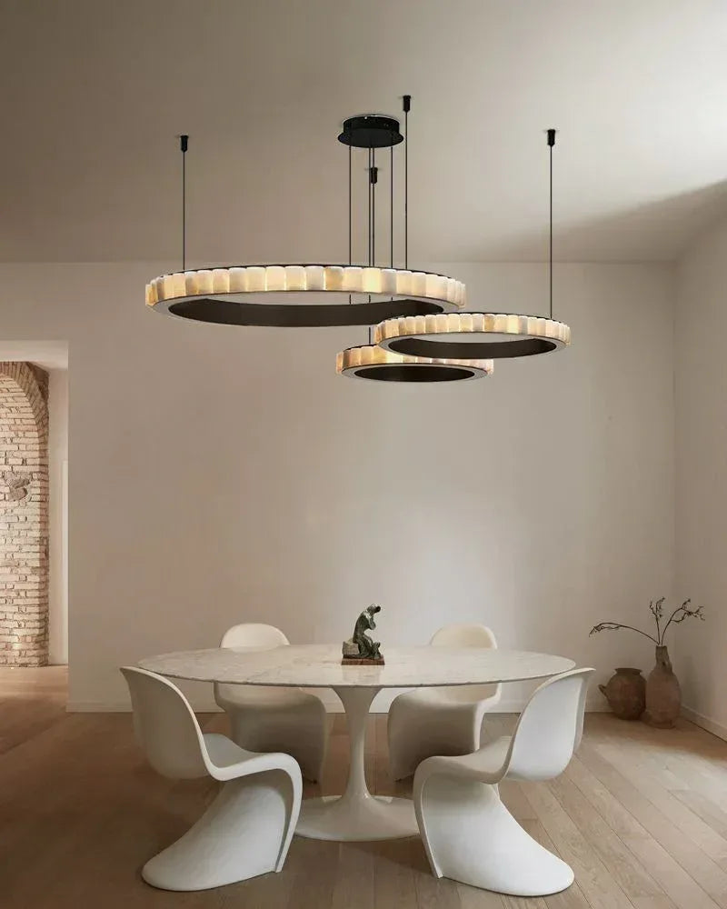 Natural Alabaster Marble Double Circular Chandelier | Black Steel Ring with long cord American chandelier