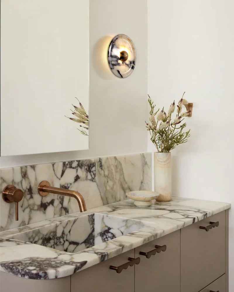 LightsStory Series Geometric Wall Sconce | Round Marble Pure Natural Marble with Iron, Iron finish for Bedrooms, bathrooms, hallways, and kitchen accents Modern Art Design Wall Lamp