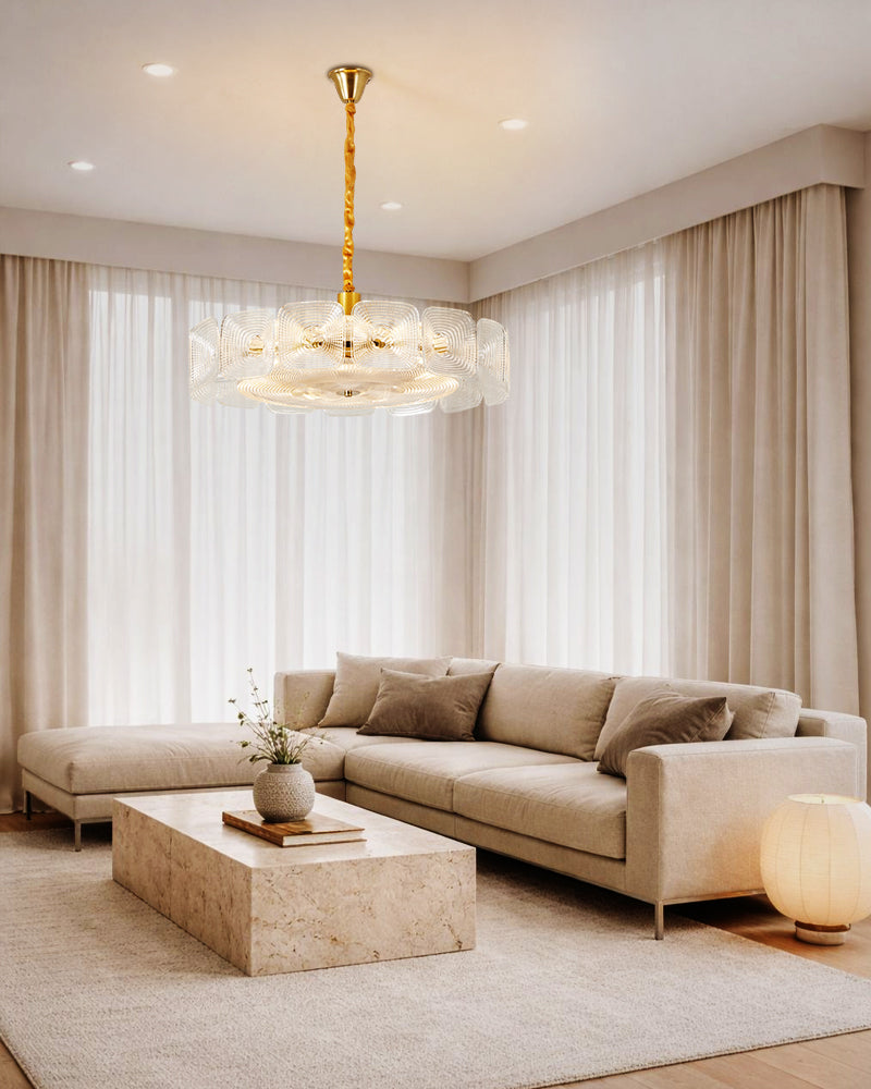 Emerald Clear Ghiaccio Glass Halo Ring Chandelier - Emerald Glass, Lux Brass Trim - Living Rooms, Bedrooms, Dining Rooms
