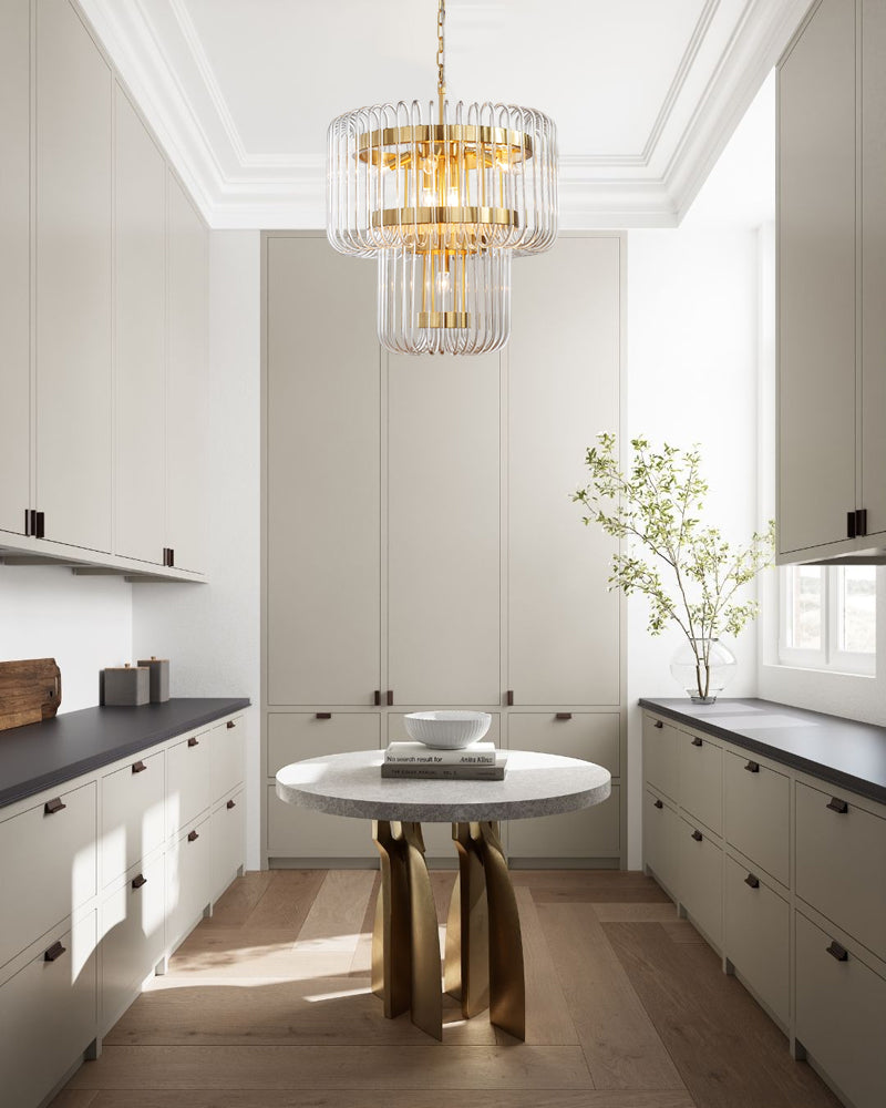Solstice Aura Fluted Glass Double Tier Lantern Drum Pendant Light - Lux Gold Trim - Living Rooms, Dining Rooms & Hallways