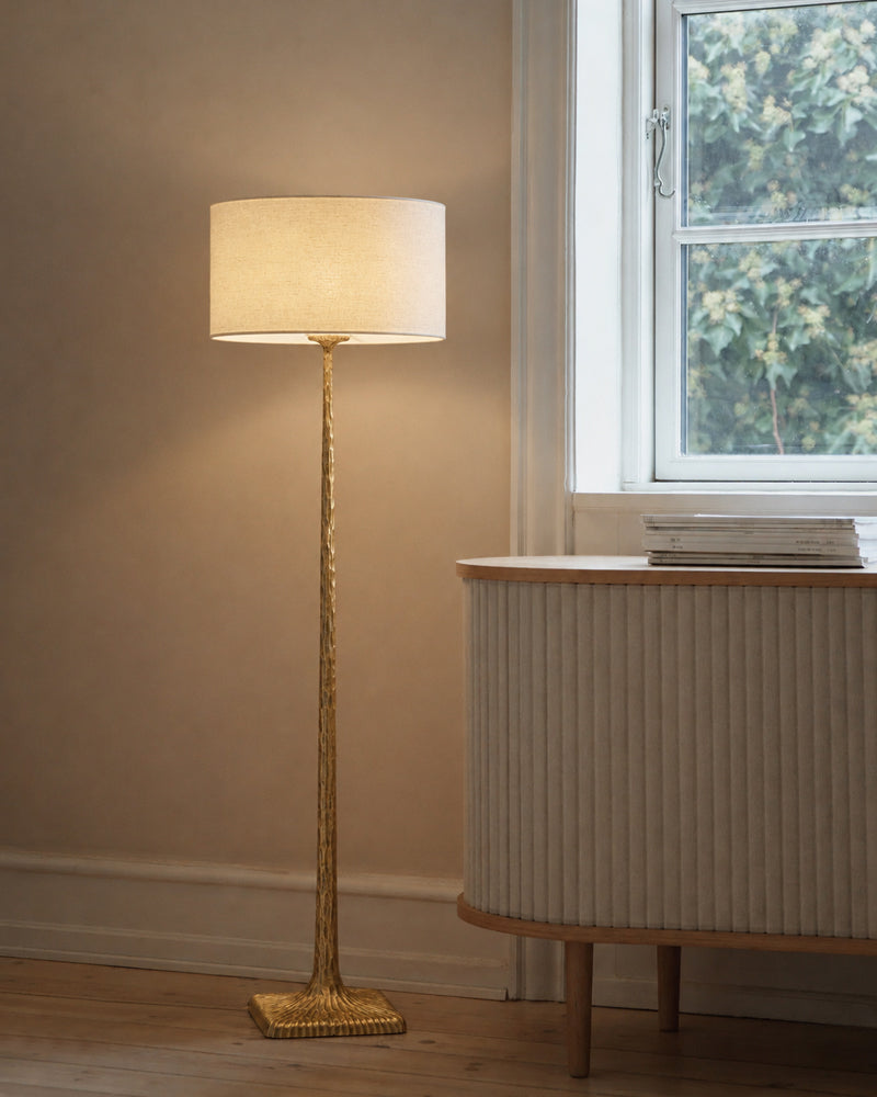Hammered Brass Tapered Column Drum Floor Lamp - Lux Heritage Brass, Organic Linen Shade - Bedroom & Living Rooms