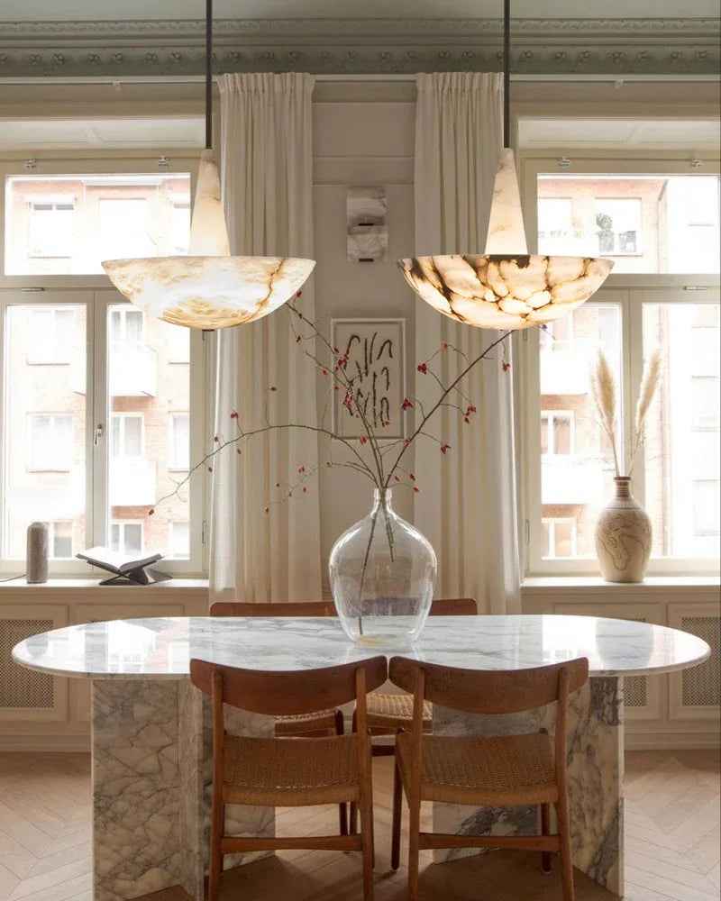 LightsStory Series Ethereal Pendant Light | Round Bowl Handcrafted premium veined or white alabaster, Dark brass patina for Living rooms, dining spaces, and entryways Modern Pendant lamp