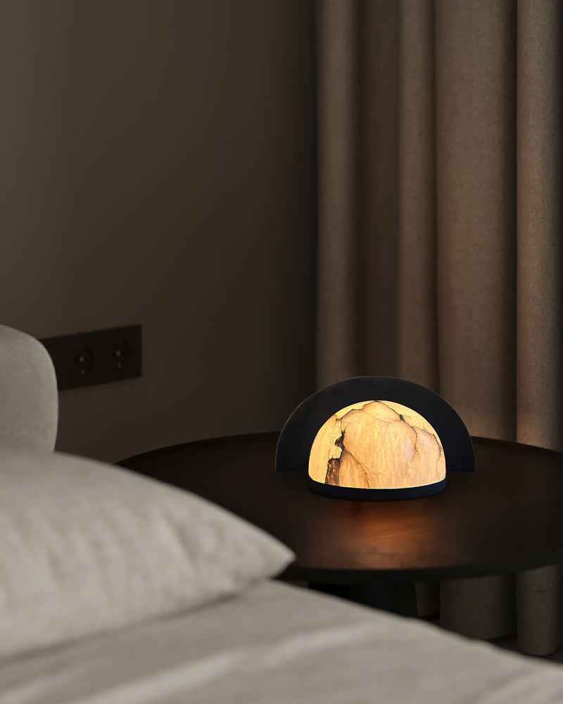LightsStory Series Geometric Table Lamp | Sphere Hand-carved natural alabaster, Matte black metal finish for Side tables, mantels, or nightstands Modern Table lamp