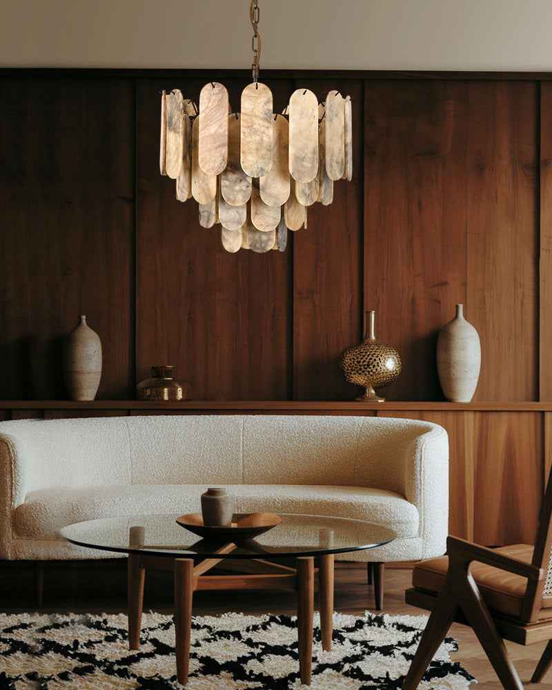 Alabaster Tiered Chandelier-Natural Stone Pendant Light Fixture-White and Brown (Copy)