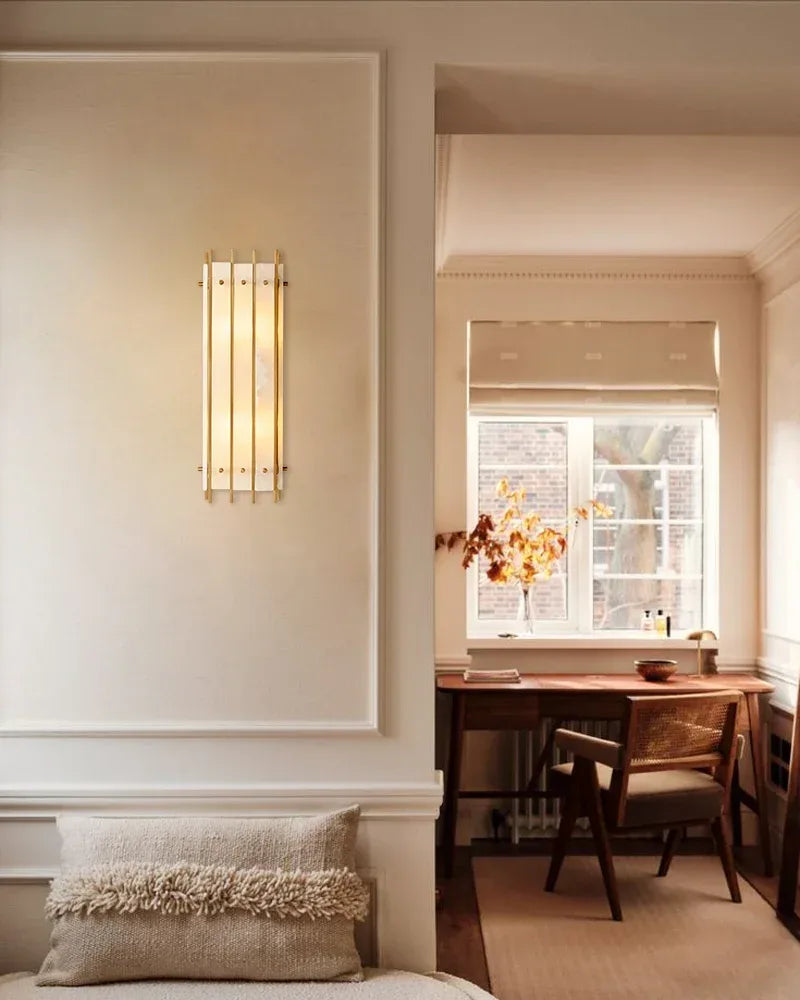 Val d’Isère Series Architectural Wall Sconce | Tiered Alabaster Handcrafted Alabaster panels and mid-century steel, Premium Steel finish for Hallways and Living Spaces Flush Mounted Wall Sconce Lamp