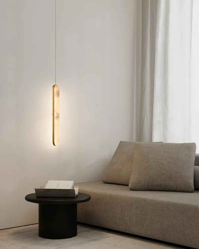 Cadiz Series Geometric Pendant Light | Elongated Cylinder Spanish Alabaster with slender metallic straps, Aged Brass and Antique Black finish for Kitchen Islands and Dining Areas Modern Pendant lamp