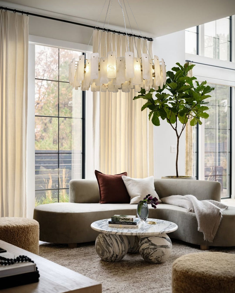 Modern Round Alabaster Living Room Chandelier in Brass/Black Frame Wide 20" 32" 48" 60"