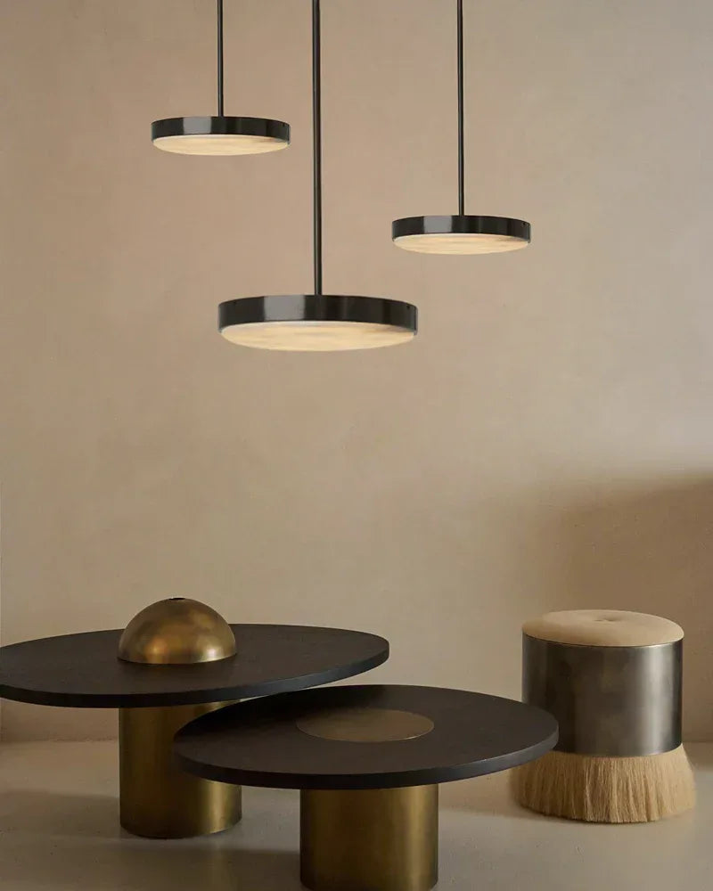 Knokke Series Geometric Suspension Lamp | Modular Dome Hand-honed natural alabaster disc, Satin brass finish for Dining tables, kitchen islands, and bedrooms Modern Pendant lamp