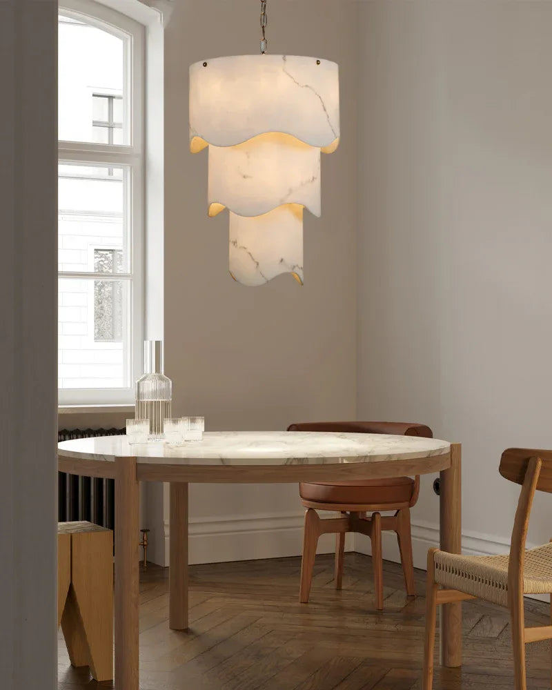 White Alabaster and Antique Brass Finish Layered Pendant Light Wide 18" Modern Pendant lamp