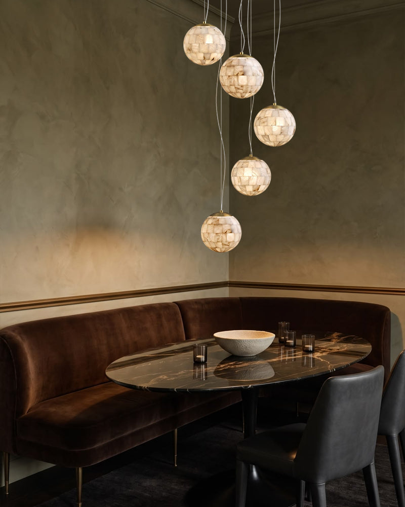 Alabaster Cascading Shell Globe Multi Ball Pendant Light - Natural Spanish Alabaster Spheres, Lux Gold Trim - Kitchens, Dining & Living Rooms