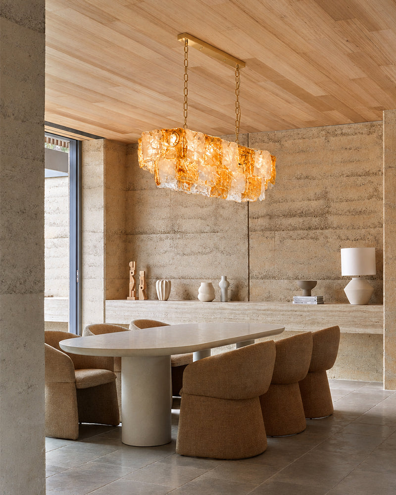 Chiara Murano Glass Contemporary White Amber Panel Linear Chandelier - Lux Gold Trim - Kitchen Islands & Dining Rooms
