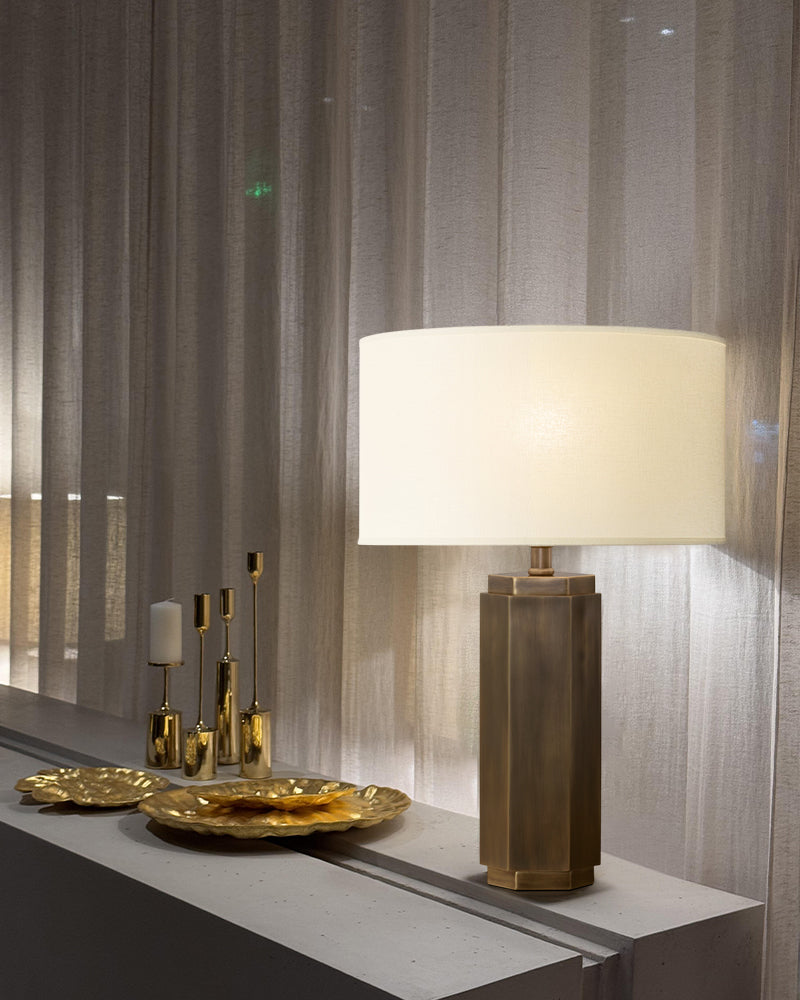 Hexagonal Column Table Lamp 5" in brass/black with fabric linen lampshade