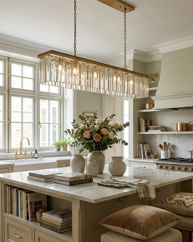 Deauville K9 Crystal Multi Tiered Crystal Prism Rod Linear Chandelier - K9 Crystal, Lux Gold Trim - Kitchen Islands & Dining Rooms