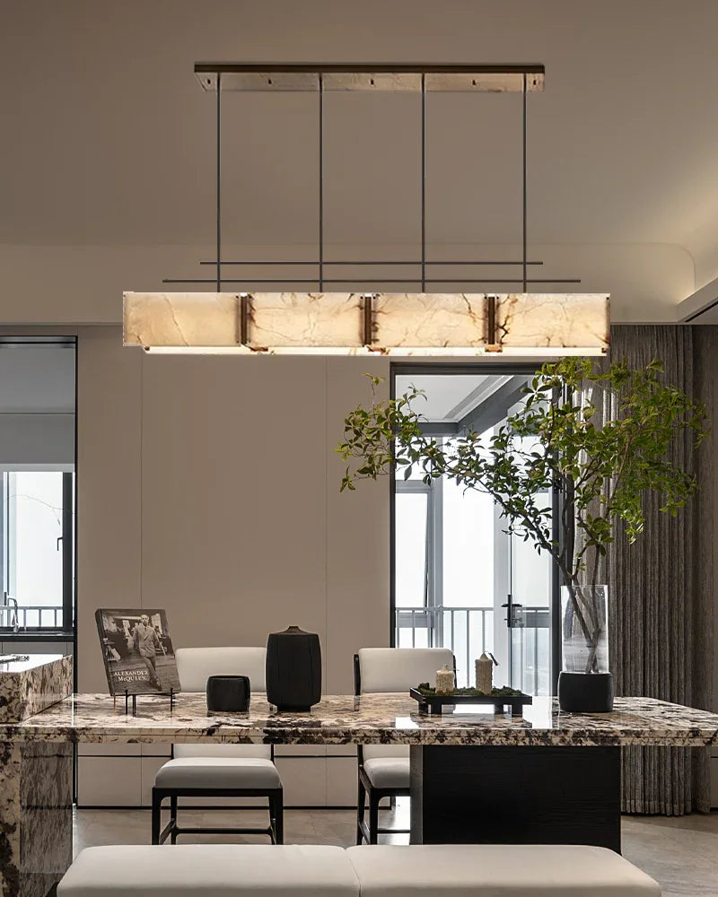 American Coastal Large Alabaster Rectangular Chandelier Lacured Brass Framework American Vintage chandelier lamp