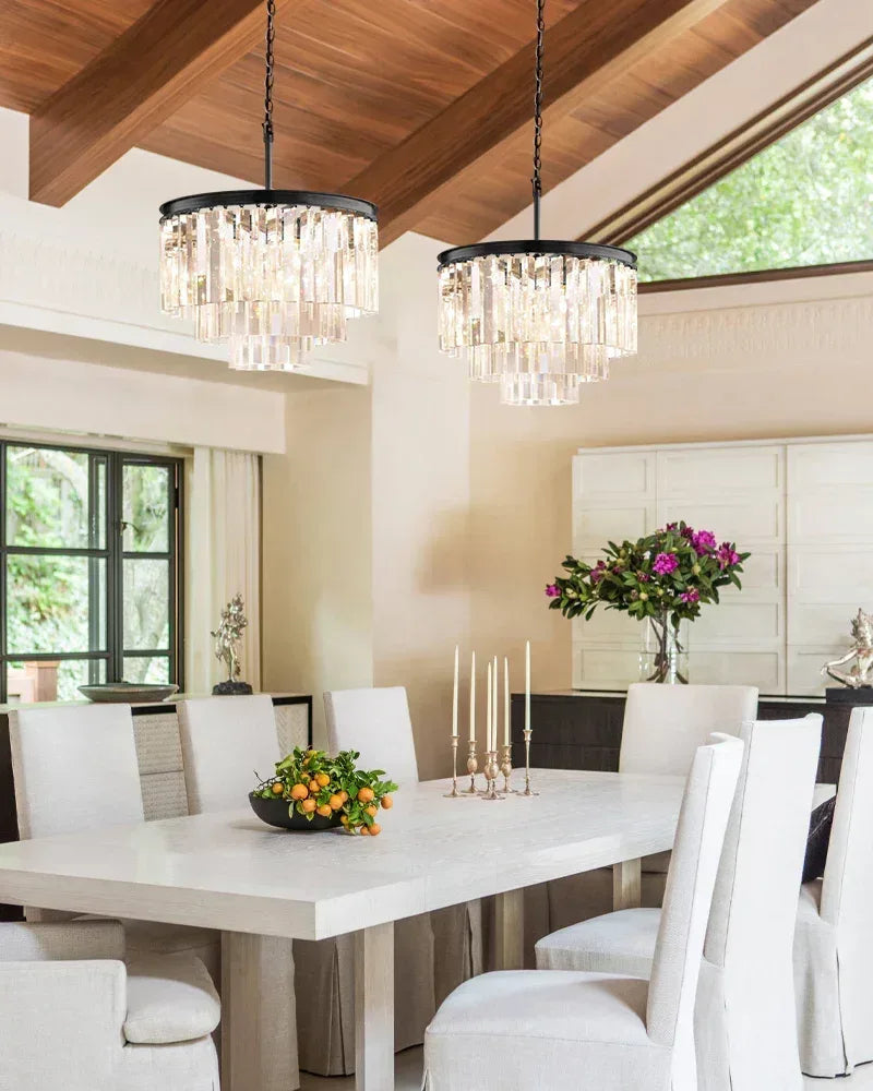 LightsStory Series Cascading Chandelier | Seven Tier Crystal Fringe Precision-cut clear triangular crystal rods and sturdy iron frame, Brushed Gold finish for Grand Foyers and Dining Rooms American chandelier