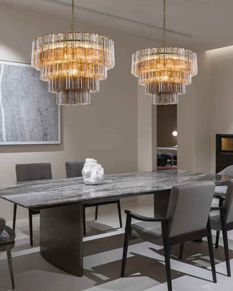 Cortina Series Cascading Chandelier | Multi-tiered Fluted Glass Handcrafted fluted smoked Murano-inspired glass, Satin brass structure for Grand entrances and dining rooms American chandelier