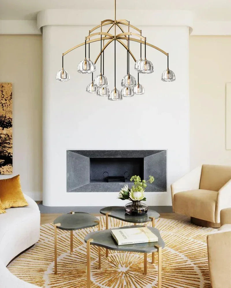 Verbier Series Ethereal Chandelier | Crystal Hemisphere Lathe-carved solid crystal blocks and solid brass frame, Brushed Black Steel finish for Grand Foyers and Dining Rooms American chandelier