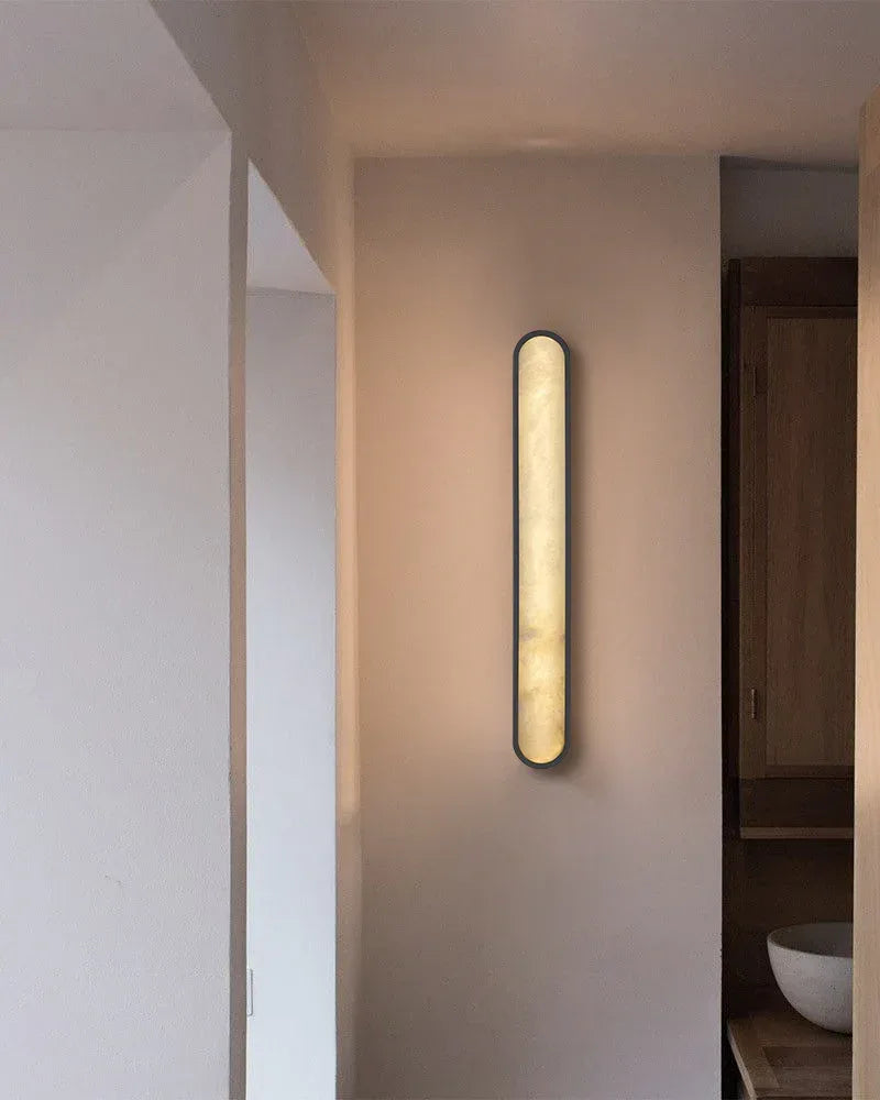 LightsStory Series Geometric Wall Sconce | Long Oval Natural Alabaster shade with durable iron framework, Black Brass finish for Dining rooms, bedrooms, and living areas Modern Art Design Wall Lamp