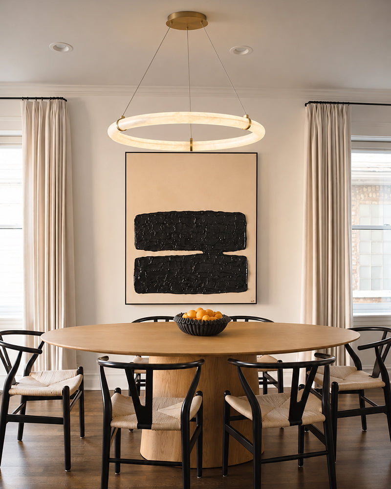Cora Alabaster Circular Halo Ring Chandelier - Natural Spanish Alabaster, Lux Gold Trim - Dining Rooms & Kitchens