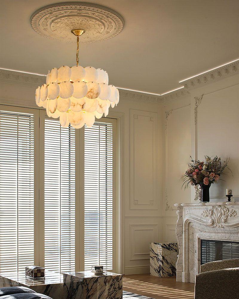 Modern Large Tier Alabaster Chandelier Wide 36" Lacquer Brass Metalwork for Foyer Decor Modern Pendant lamp