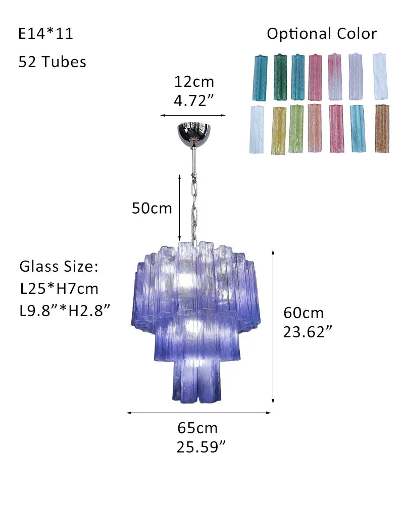 Modern Colored Murano Purple Glass Tube Tronchi Chandelier P-D65*H60CM D25.6"*H23.6"(52 tubes) Purple Glass + Silver Frame American chandelier