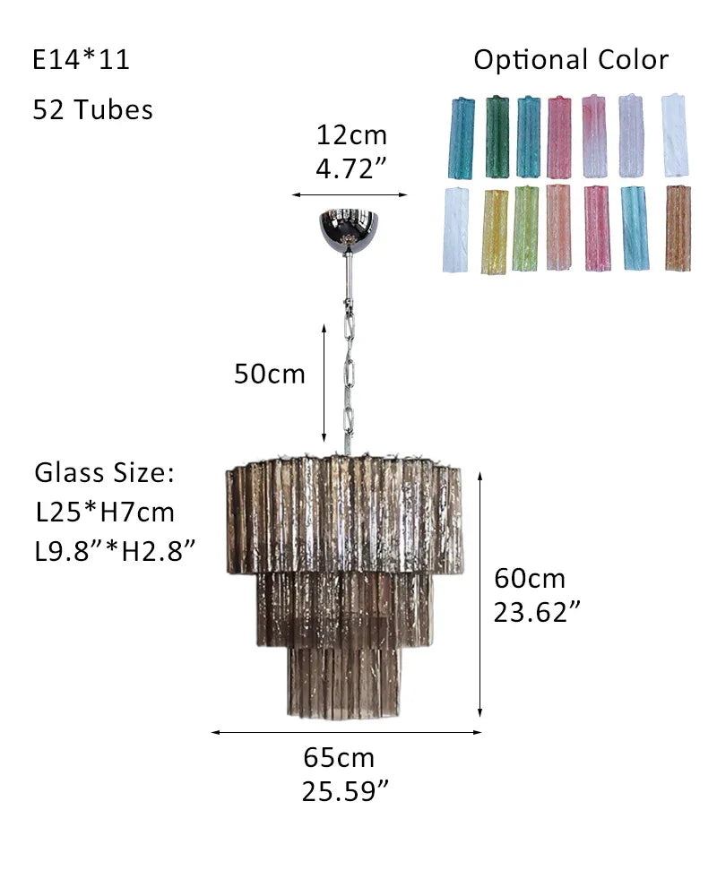 Luxury Tiered Smoked Glass Tube Murano Chandelier in Chrome Frame P-D65*H60CM D26"*H23.6"(52 tubes) Smoked Glass + Silver Frame American chandelier