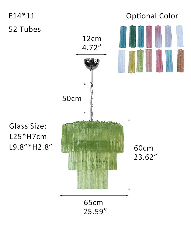 Large Vintage Green Murano Glass Tiered Chandelier in Silver & Gold Frame P-D65*H60CM D25.6"*H23.7"(52 tubes) Green Glass + Silver Frame American chandelier