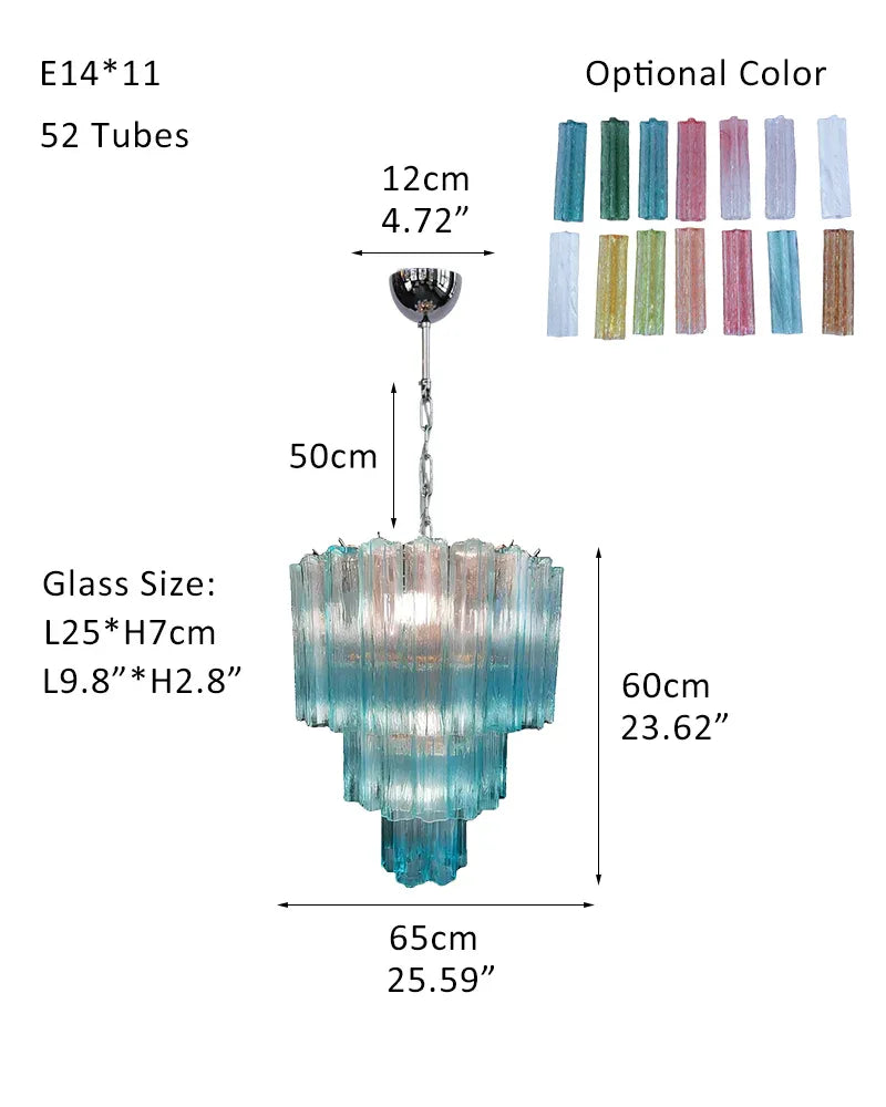 Elegant Murano Hand-blown Blue Glass Tube Multi-Tier Chandelier in Silver Frame P-D65*H60CM D25.6"*H23.7"(52 tubes) Blue Glass + Silver Frame American chandelier