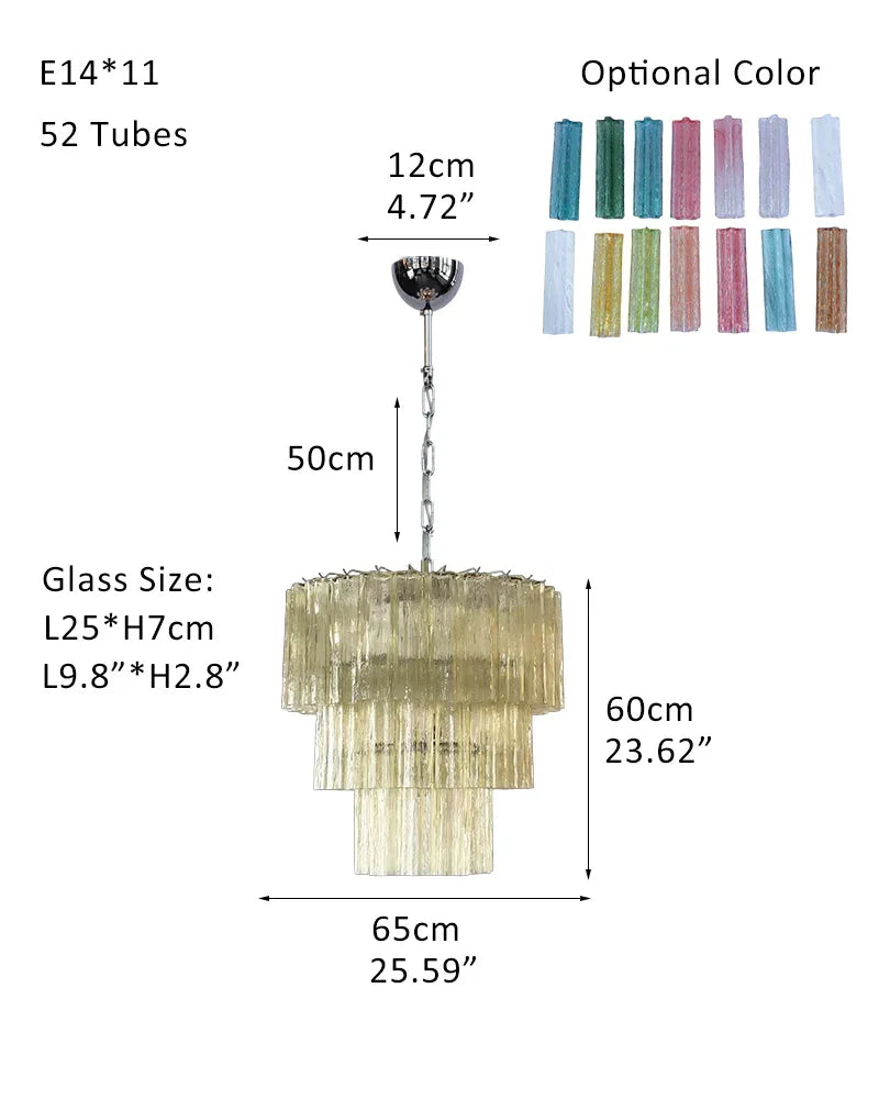 Fantastic Murano Amber Glass Tube Chandelier in Chrome & Golden Frame P-D65*H60CM D25.6"*H23.6"(52 tubes) Amber Glass + Silver Frame American chandelier