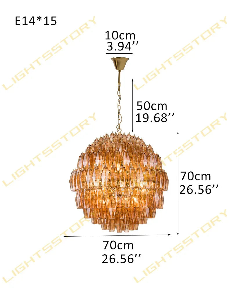 Murano Hand-Blown Glass Round Chandelier Wide 28" for Dining Room and Living Room 15 light-D70*H70CM D27.56"*H27.56" Amber Luxury Modern Chandelier