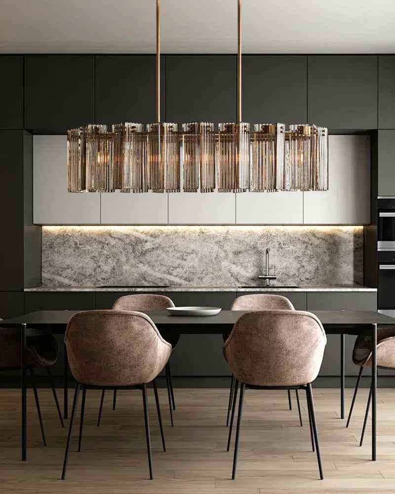 Saint-Cirq Series Refractive Chandelier | Rectangular Tier Reeded Clear and Smoke Glass Panels with Steel, Brushed Black or Brass for Dining Rooms and Entryways American chandelier