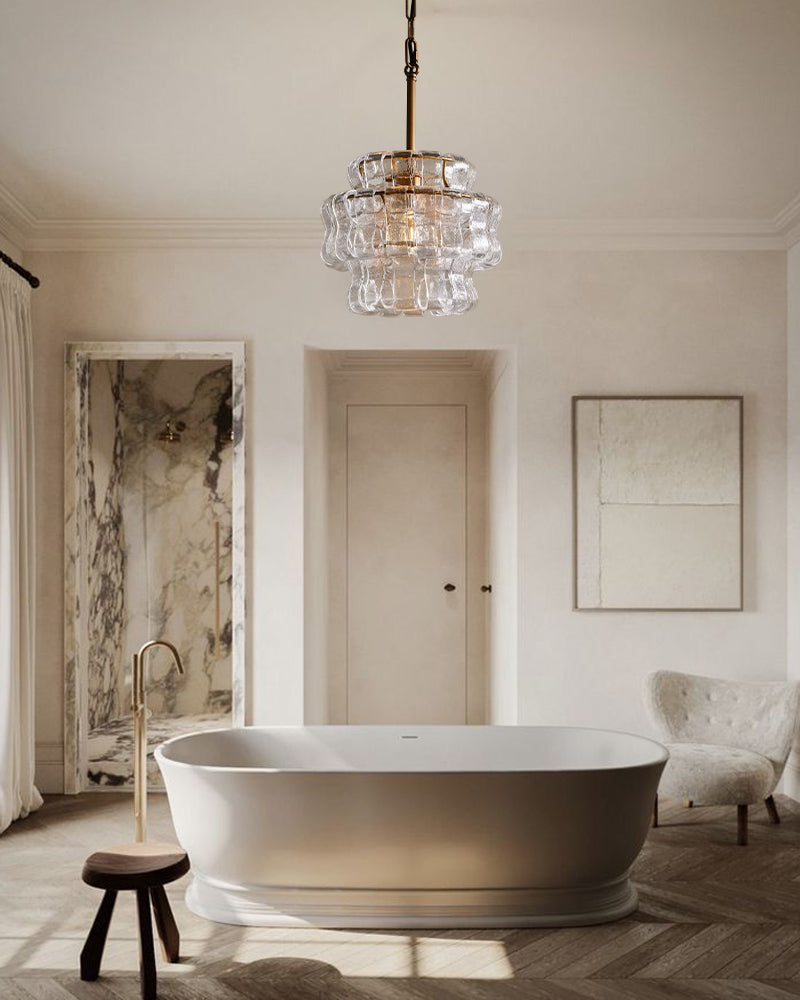 Ghiaccio Glass Round Chandelier Wide 12" in Brass/Bronze Aluminum Chain