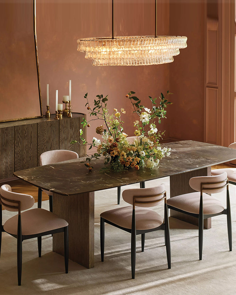 Ghiaccio Clear Glass Concentric Multi Tiered Oval Linear Chandelier - Ghiaccio Glass, Heritage Brass Trim - Kitchen Islands & Dining Rooms