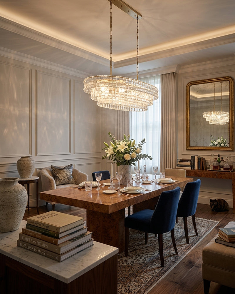 Ghiaccio Clear Glass Concentric Multi Tiered Oval Linear Chandelier - Ghiaccio Glass, Heritage Brass Trim - Kitchen Islands & Dining Rooms