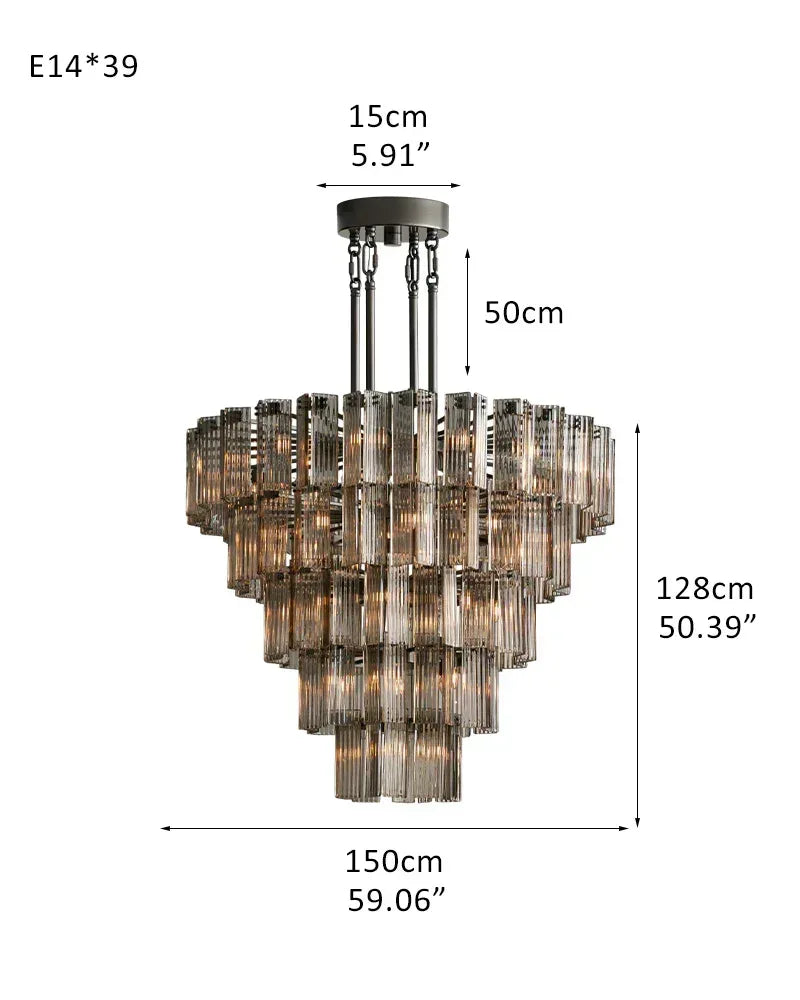Brass/Black Steel Frame Large Round Chandelier 38''48''60'' with Smoky/Clear Glass 5-Tier-L150CM L59.06" Black Frame + Smoke Glass American chandelier