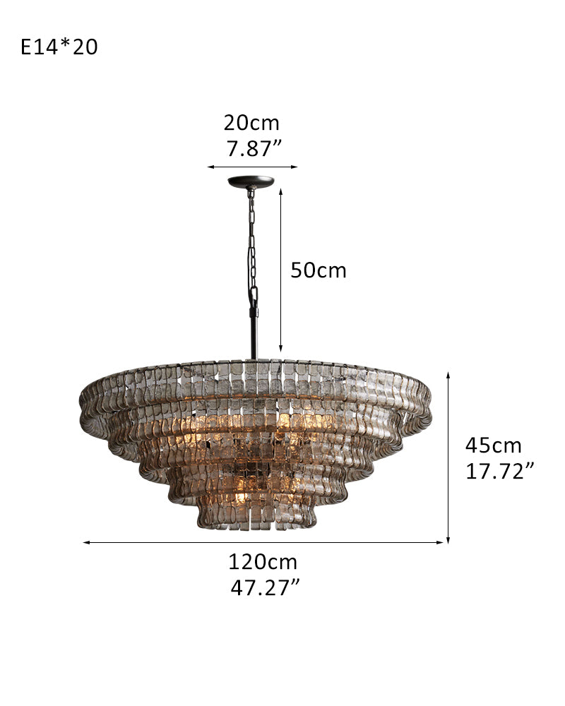 Ghiaccio Aluminum Chain E14 Tiered Round Chandelier 48" in Glass Transaparent /Smoke