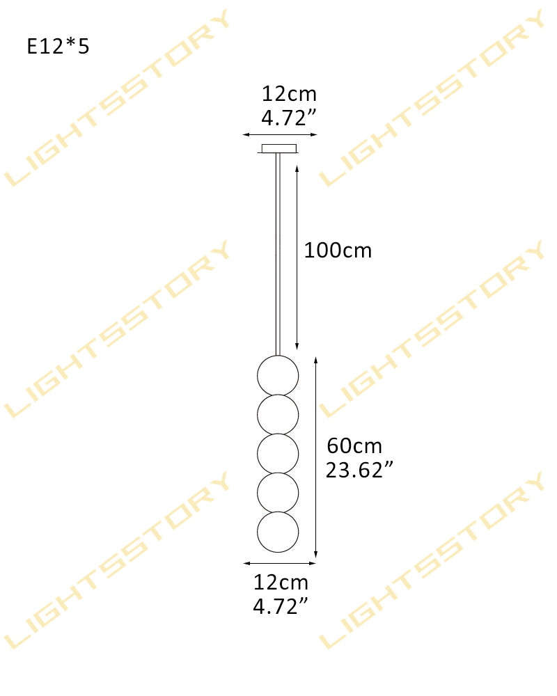 Technical dimension diagram of a hanging light fixture with five round bulbs, showing measurements of 100cm cord length, 60cm bulb section, 12cm fixture width, and a 12cm ceiling mount against a white background with LIGHTSSTORY watermarks.