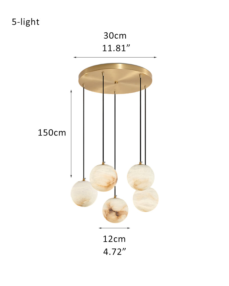 Dia 4.7" 5-light marble pendant lamp with gold mount and black cords