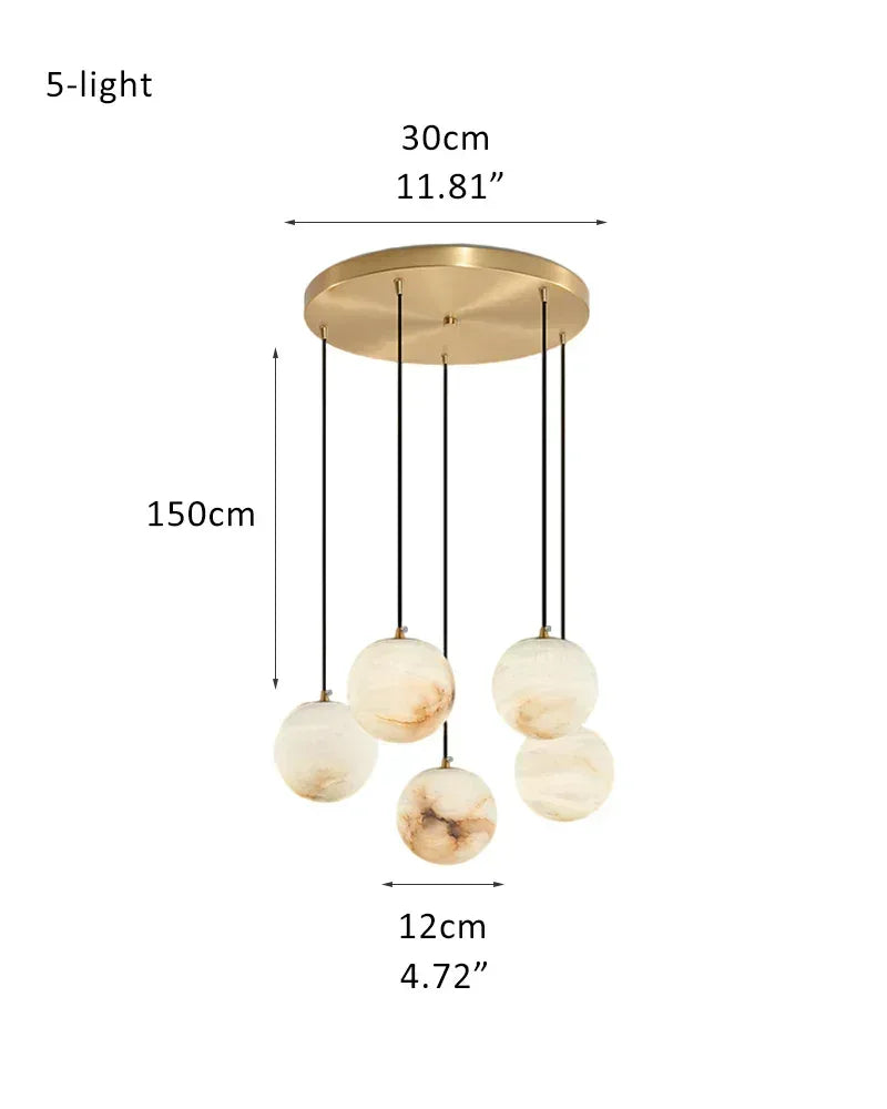 16-light Cluster Alabaster Globes Ceiling Staircase Pendant Lighting with adjustable cord 5-light-D12cm D4.72" White + Brass Modern Pendant lamp