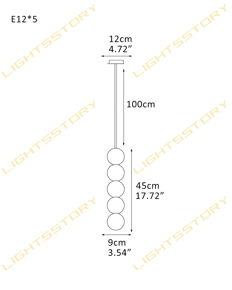 Technical dimension diagram of a hanging light fixture with five round bulbs, showing measurements of 100cm length, 12cm head width, 45cm bulb section, and 9cm width, with LIGHTSSTORY watermarks across the image.