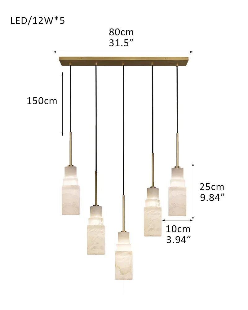 Antique aged Copper Long Hanging Cord Alabaster Pendant Lights over dining table 5-light-D10*H25CM D4"*H10"-Square Brass + White Vintage Simple Hanging Lamp